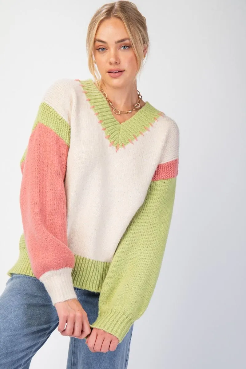 Easel Color Block Knit Pullover Sweater In Oatmeal