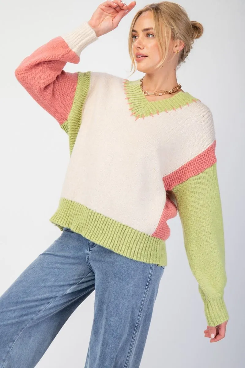 Easel Color Block Knit Pullover Sweater In Oatmeal