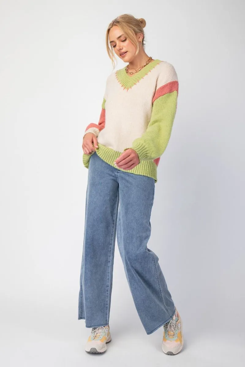 Easel Color Block Knit Pullover Sweater In Oatmeal